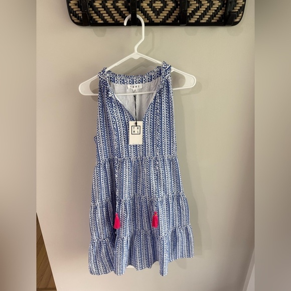 THML Geometric Tiered Ruffle Tassel Dress - Blue/White - Size Small - NWT - Picture 6 of 12